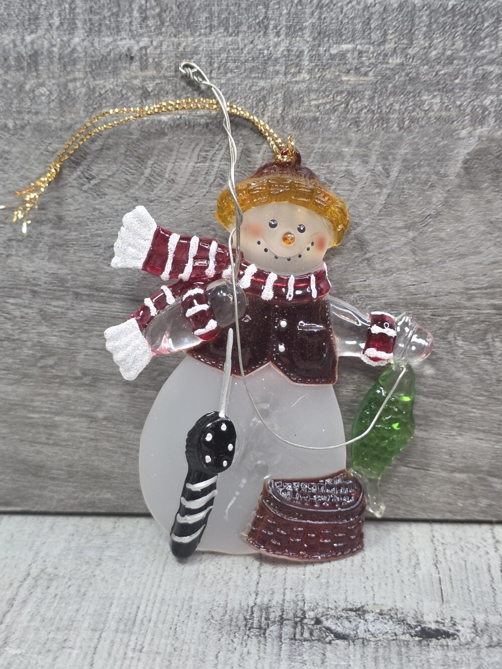 Gerson Fishing Snowman Christmas Ornament Acrylic Holding Metal Pole 200a10